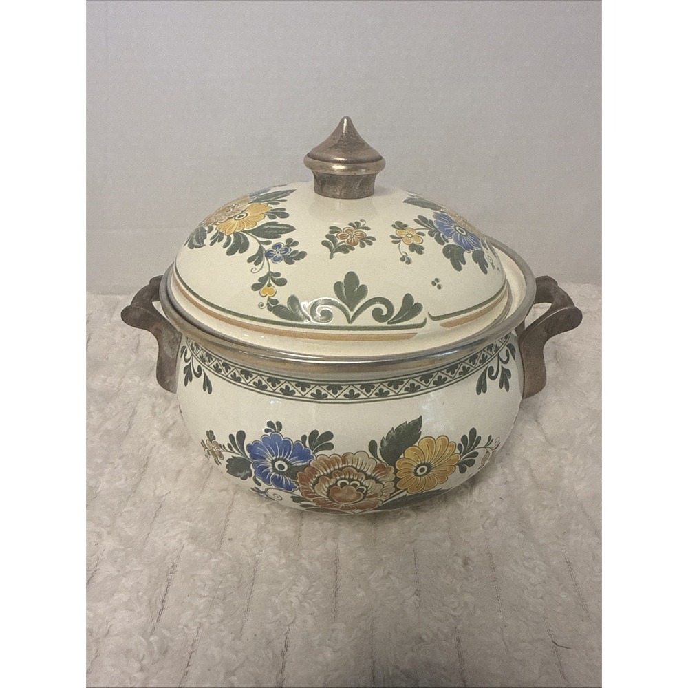 Asta Old Amsterdam Pot Lid Brass Handles Germany Enamelware Cottage Cookware 7"